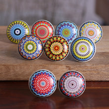 Load image into Gallery viewer, 9 Hand-Painted Ceramic Knobs with Moroccan-Style Motifs - Moroccan Glory | NOVICA
