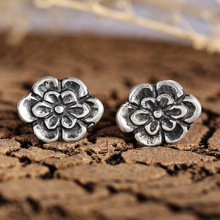 Oxidized and Polished Floral Sterling Silver Button Earrings - Petite Bloom | NOVICA