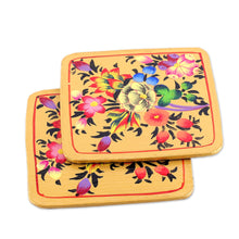 Load image into Gallery viewer, Set of 6 Floral Yellow Wood and Papier Mache Coasters - Blooming Evening | NOVICA
