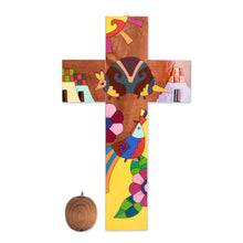 Load image into Gallery viewer, Hand-Painted Folk Art-Themed Pinewood Wall Cross - Nature &amp; Peace | NOVICA
