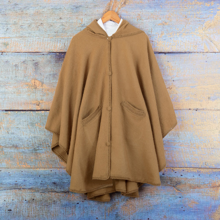 Alpaca Blend Beige Cape with Buttons and Pockets from Peru - Beige Divine | NOVICA