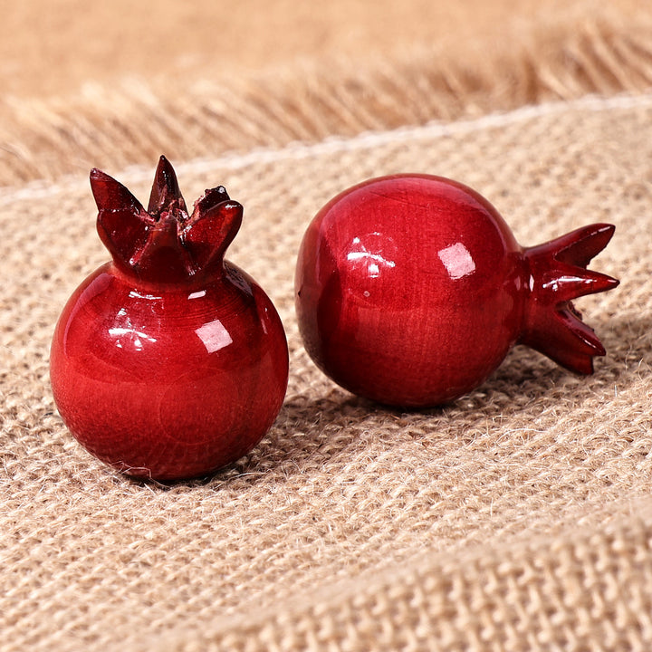 Pomegranate-Shaped Red Lindon Tree Wood Magnets (Pair) - Tiny Passion | NOVICA