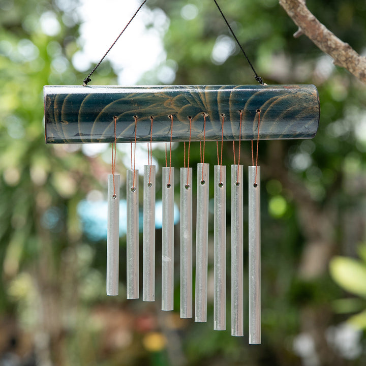 Bamboo Wind Chime in Blue with Nine Aluminum Pipes from Bali - Early Morning Song in Blue | NOVICA