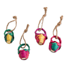 Load image into Gallery viewer, Set of 4 Green and Fuchsia Natural Fiber Basket Ornaments - Sweet Customs | NOVICA
