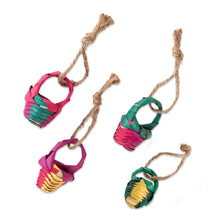 Load image into Gallery viewer, Set of 4 Green and Fuchsia Natural Fiber Basket Ornaments - Sweet Customs | NOVICA
