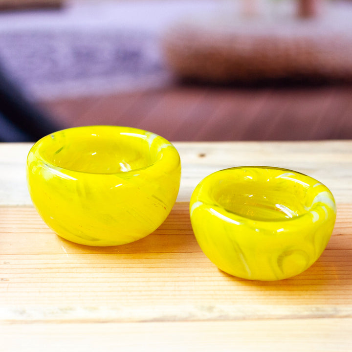 Handblown Patterned Yellow Recycled Glass Bowls (Set of 2) - Flavors in Summer | NOVICA