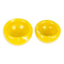 Load image into Gallery viewer, Handblown Patterned Yellow Recycled Glass Bowls (Set of 2) - Flavors in Summer | NOVICA
