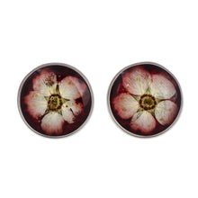 Load image into Gallery viewer, Resin-Coated Meadowsweets Flower Button Earrings in Burgundy - Luxurious Blossom | NOVICA
