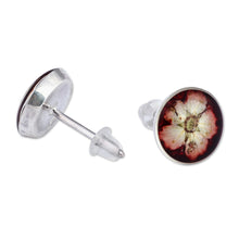 Load image into Gallery viewer, Resin-Coated Meadowsweets Flower Button Earrings in Burgundy - Luxurious Blossom | NOVICA
