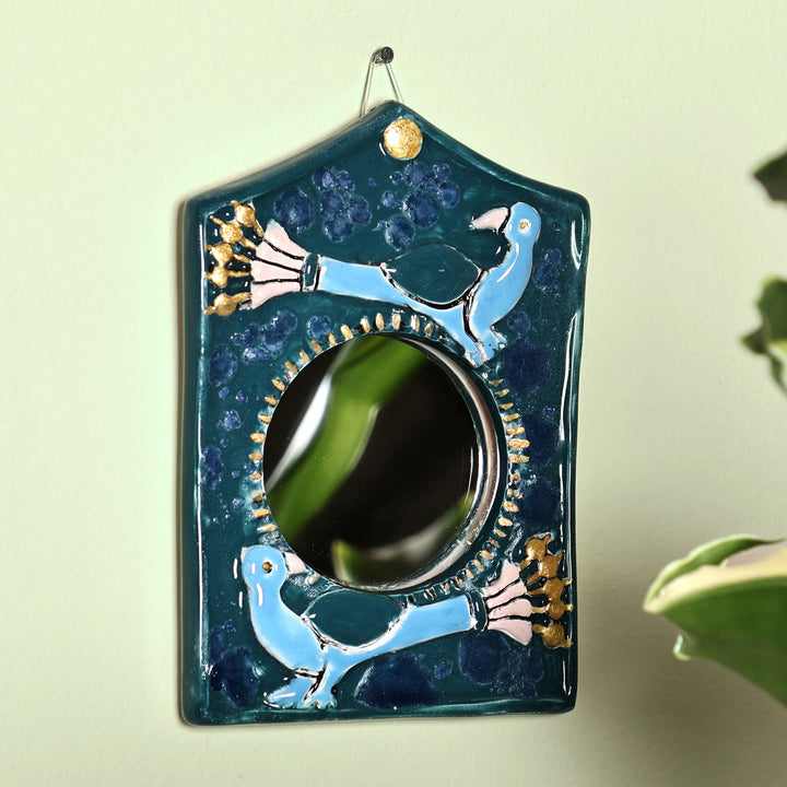 Bird-Themed Blue Ceramic Wall Accent Mirror from Armenia - Blue Wonder | NOVICA