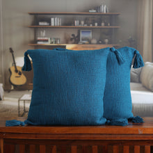 Load image into Gallery viewer, Pair of Peacock-Toned Cotton Cushion Covers with Tassels - Peacock Tassels | NOVICA
