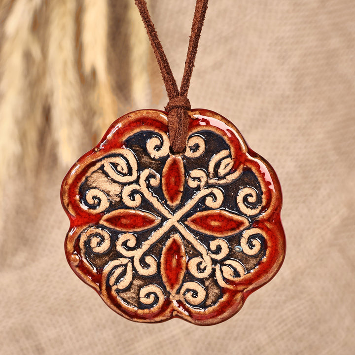 Floral Handcrafted Red and Black Ceramic Pendant Necklace - Majestic Red | NOVICA