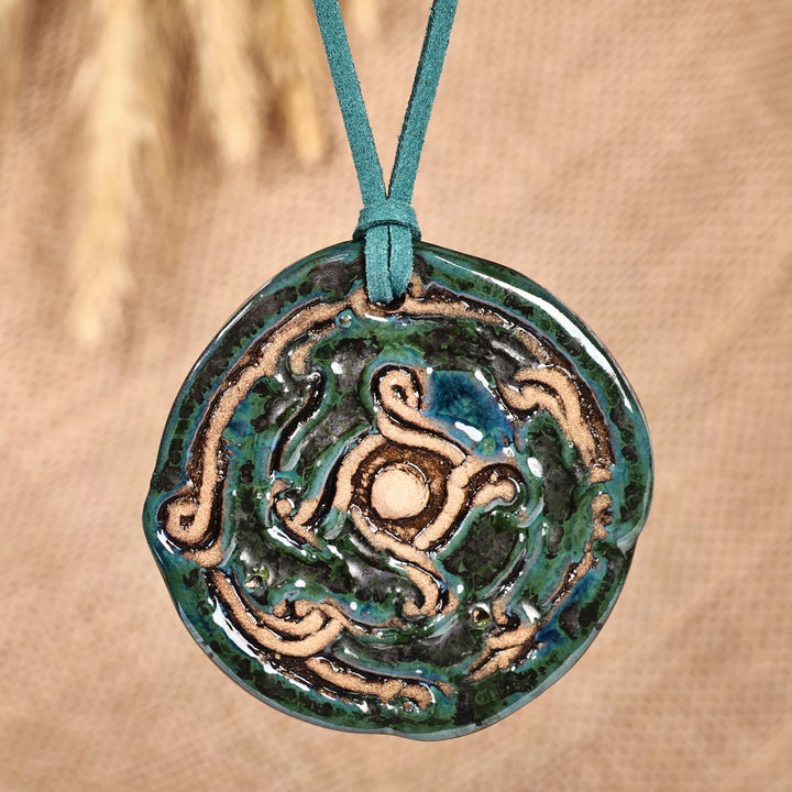 Classic Handcrafted Blue and Green Ceramic Pendant Necklace - Mystic Whirl | NOVICA