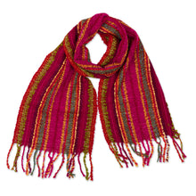 Load image into Gallery viewer, Handwoven Soft Baby Alpaca Blend Scarf in Purple and Green - Andean Bloom | NOVICA
