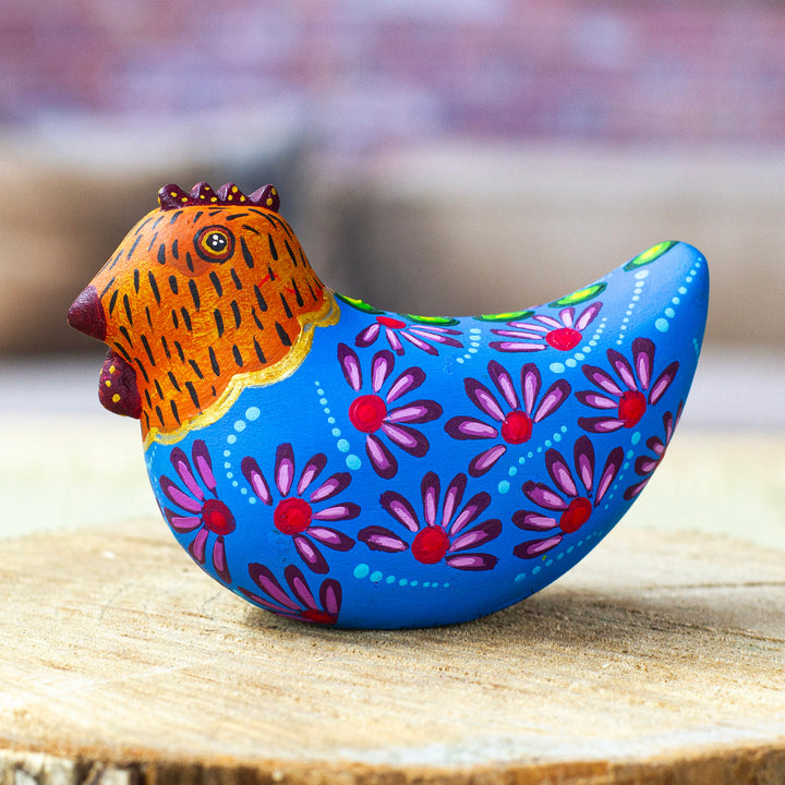 Mexican Hand-Painted Blue Orange Hen Wood Alebrije Figurine - Blue Hen | NOVICA