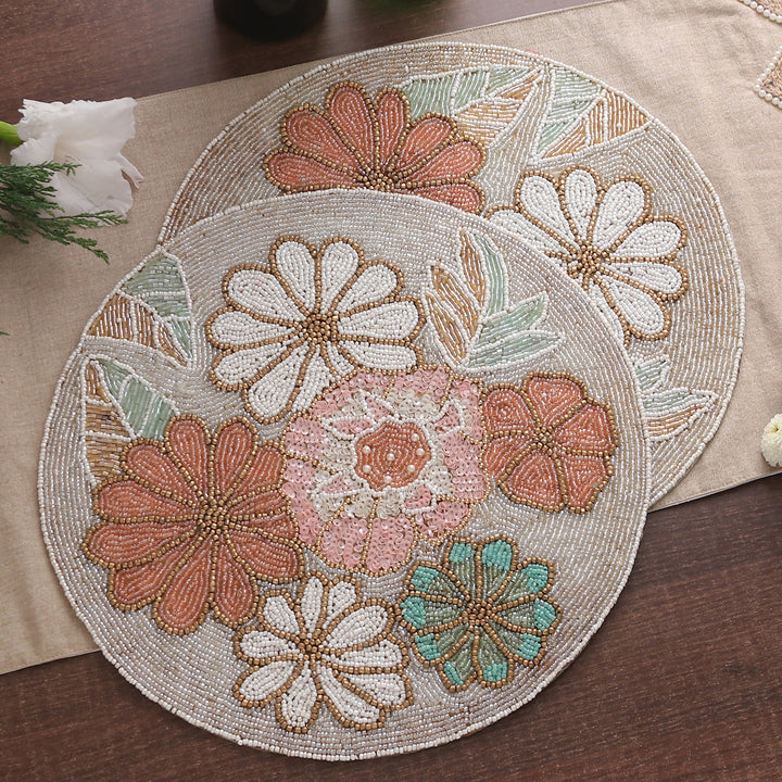Set of 4 Floral-Themed Glass Beaded Placemats from India - Floral Touch | NOVICA