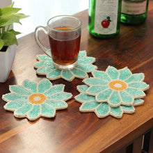 Load image into Gallery viewer, Set of 4 Flower-Shaped Turquoise Glass Beaded Coasters - Lagoon Blooms | NOVICA
