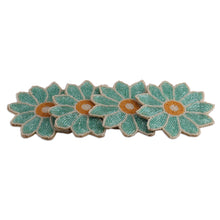 Load image into Gallery viewer, Set of 4 Flower-Shaped Turquoise Glass Beaded Coasters - Lagoon Blooms | NOVICA
