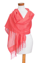 Load image into Gallery viewer, Handloomed Floral Pink Rayon Shawl with Fringes - Pink Blooming | NOVICA
