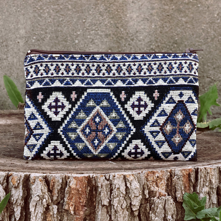 Classic Geometric-Patterned Blue Cotton Cosmetic Bag - True Armenia | NOVICA