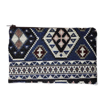 Load image into Gallery viewer, Classic Geometric-Patterned Blue Cotton Cosmetic Bag - True Armenia | NOVICA
