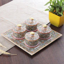 Load image into Gallery viewer, Golden and Red Marble Tray and Covered Bowls (5 Pieces) - Gathering at the Paradise | NOVICA
