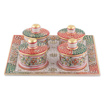 Load image into Gallery viewer, Jaipur Floral Green and Red 5-Piece Marble Tray and Bowl Set - Jaipur Arcadia | NOVICA
