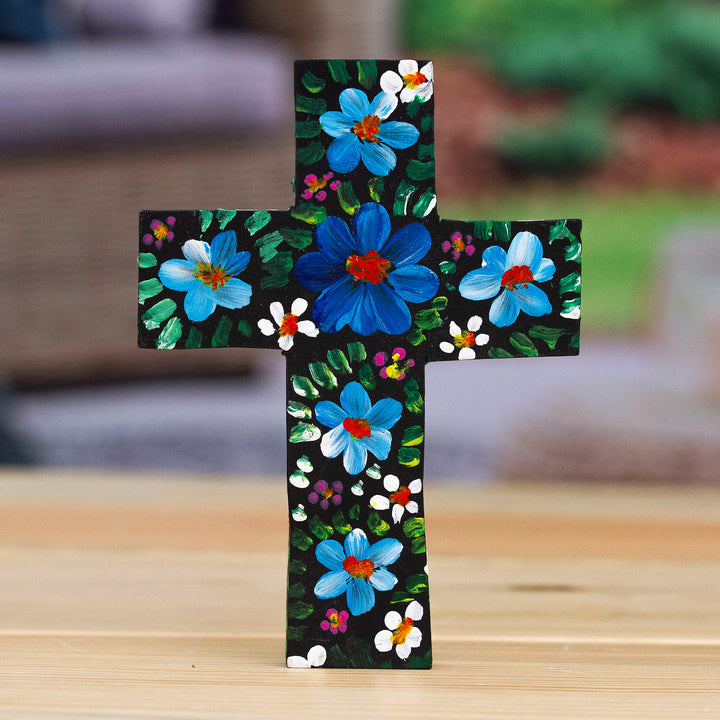 Hand-Painted Floral Blue and Green Wood Cross from Mexico - Cyan Prayers | NOVICA
