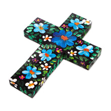 Load image into Gallery viewer, Hand-Painted Floral Blue and Green Wood Cross from Mexico - Cyan Prayers | NOVICA
