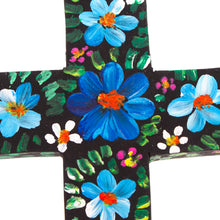 Load image into Gallery viewer, Hand-Painted Floral Blue and Green Wood Cross from Mexico - Cyan Prayers | NOVICA
