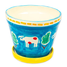Load image into Gallery viewer, Painted Cow and Tree Blue Ceramic Flower Pot and Saucer - Serene Cows | NOVICA
