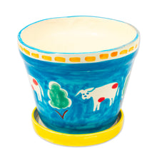 Load image into Gallery viewer, Painted Cow and Tree Blue Ceramic Flower Pot and Saucer - Serene Cows | NOVICA
