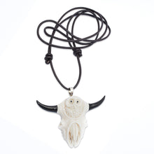 Load image into Gallery viewer, Hand-Carved Owl and Cow Skull-Themed Men's Pendant Necklace - Owl at Home | NOVICA
