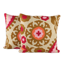 Load image into Gallery viewer, Floral-Patterned Green and Red Cotton Cushion Covers (Pair) - Harmonious Bloom | NOVICA
