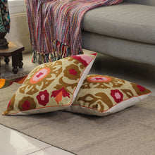 Load image into Gallery viewer, Floral-Patterned Green and Red Cotton Cushion Covers (Pair) - Harmonious Bloom | NOVICA
