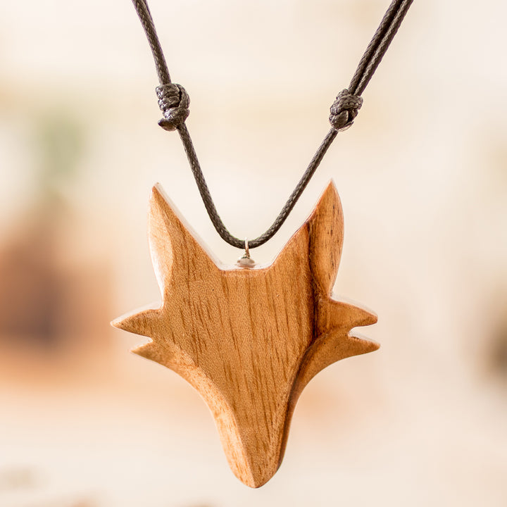 Hand-Carved Adjustable Cedarwood Fox Pendant Necklace - Nocturnal Fox | NOVICA