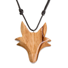 Load image into Gallery viewer, Hand-Carved Adjustable Cedarwood Fox Pendant Necklace - Nocturnal Fox | NOVICA
