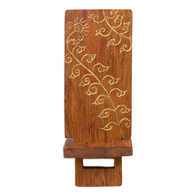 Load image into Gallery viewer, Hand-Carved and Painted Wood Phone Stand with Floral Motif - Glitter Flower | NOVICA
