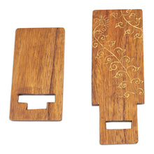 Load image into Gallery viewer, Hand-Carved and Painted Wood Phone Stand with Floral Motif - Glitter Flower | NOVICA
