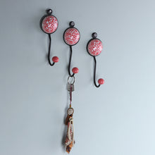 Load image into Gallery viewer, Set of Three Floral Red Ceramic and Brass Coat Hooks - Floral Muse in Red | NOVICA
