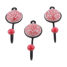 Load image into Gallery viewer, Set of Three Floral Red Ceramic and Brass Coat Hooks - Floral Muse in Red | NOVICA
