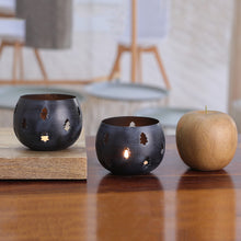 Load image into Gallery viewer, Steel Tealight Candle Holders in Midnight Hues (Pair) - Holiday Trees | NOVICA
