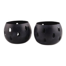 Load image into Gallery viewer, Steel Tealight Candle Holders in Midnight Hues (Pair) - Holiday Trees | NOVICA
