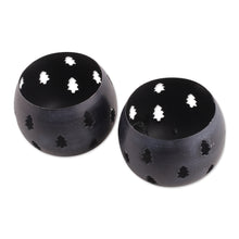 Load image into Gallery viewer, Steel Tealight Candle Holders in Midnight Hues (Pair) - Holiday Trees | NOVICA
