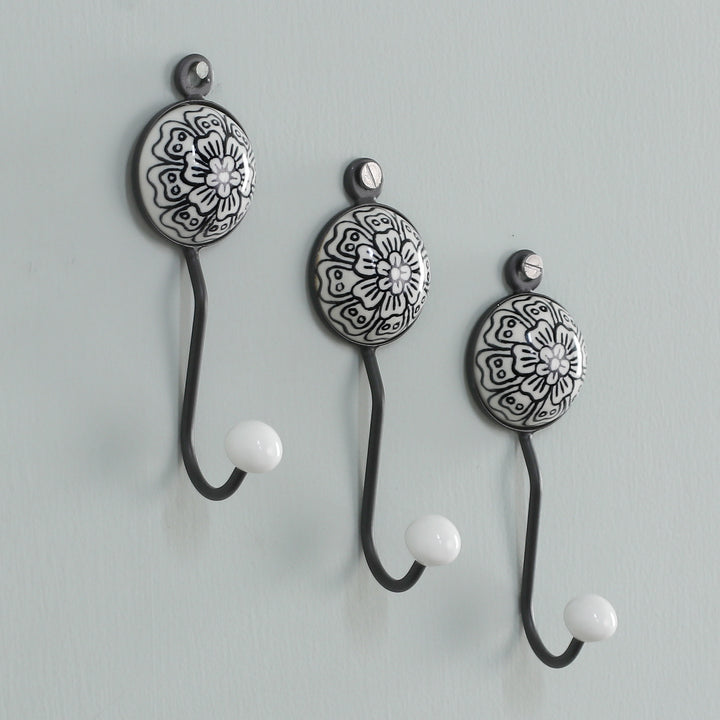 Set of 3 Ceramic Coat Hooks with Hand-Painted Floral Details - Floral White | NOVICA