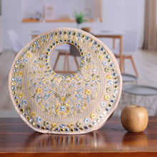 Load image into Gallery viewer, Floral Rayon Embroidered Yellow and Beige Handle Bag - Prosperous Jaipur | NOVICA
