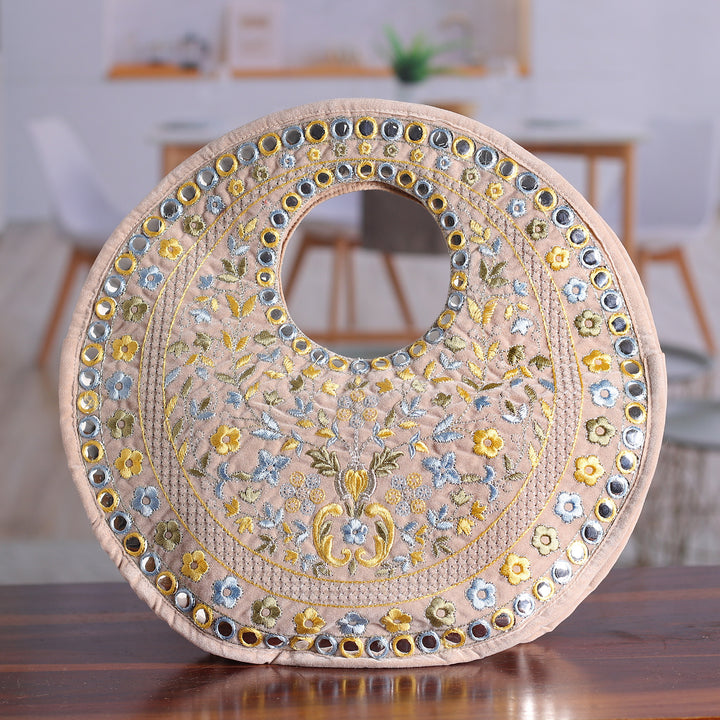 Floral Rayon Embroidered Yellow and Beige Handle Bag - Prosperous Jaipur | NOVICA