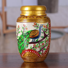 Load image into Gallery viewer, Classic Peacock-Themed Golden Kadam Wood Pen Holder - Glimpse into Paradise | NOVICA

