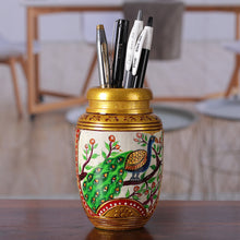 Load image into Gallery viewer, Classic Peacock-Themed Golden Kadam Wood Pen Holder - Glimpse into Paradise | NOVICA
