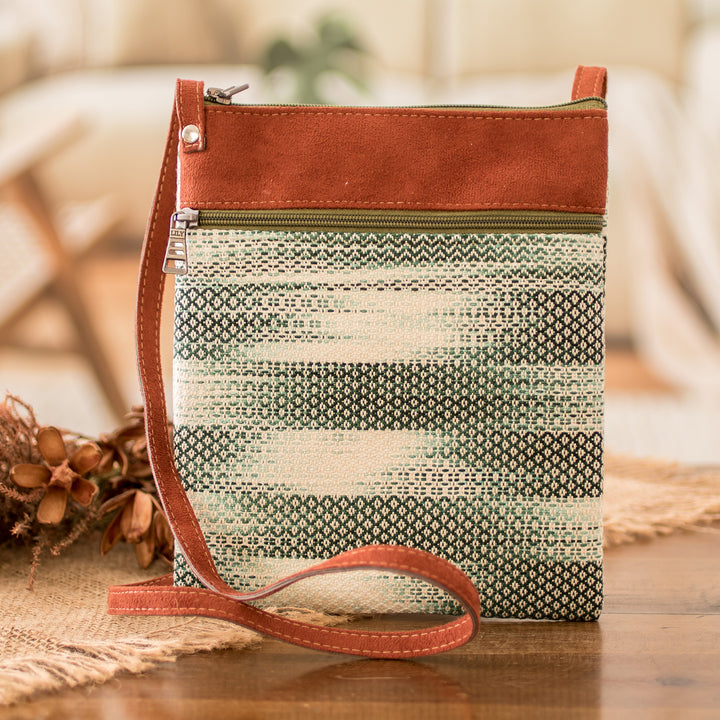 Faux Leather-Accented Cotton Sling Bag in Forest Green Hues - Forest Beauty | NOVICA